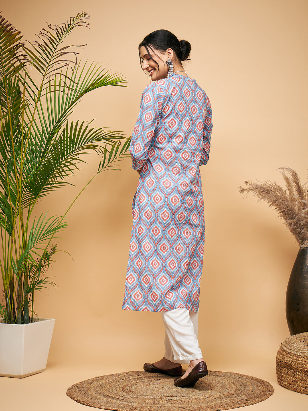 InWeave Women's Blue Pink Print Angrakha Style Straight Kurta Pant Set - Distacart