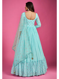 Thumbnail for Myra Blue Chinon Silk Embroidered Gown - Distacart