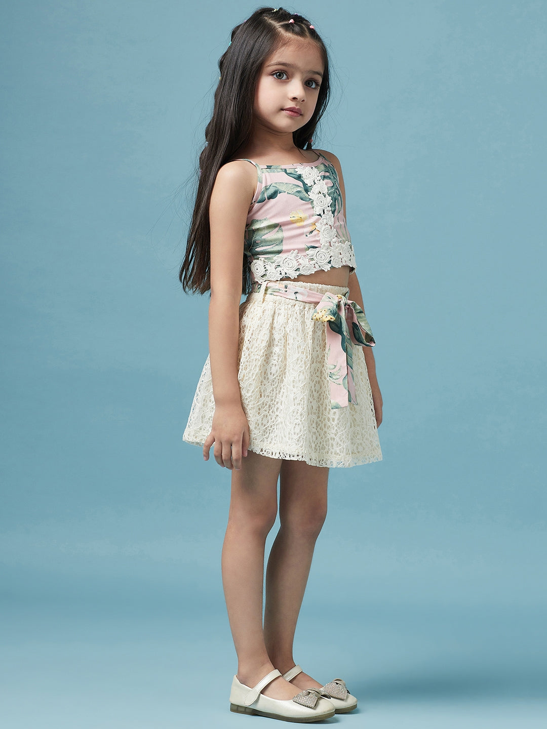 Girls Printed Sleeveless Top With Skirt - Mini Marvels - Distacart