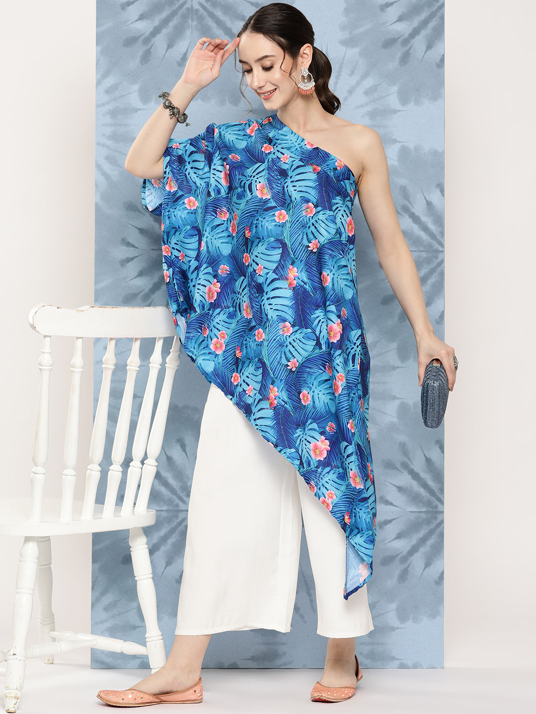 InWeave Women's Blue Pink Japanese Art Oneshoulder Top - Distacart