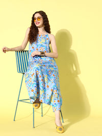 Thumbnail for InWeave Women's Sky Blue Print Backless Long Kurta Pant Set - Distacart