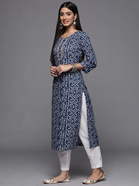 Thumbnail for Varanga Blue Bandhani Print Embroidered Kurta Has Round Neck - Distacart