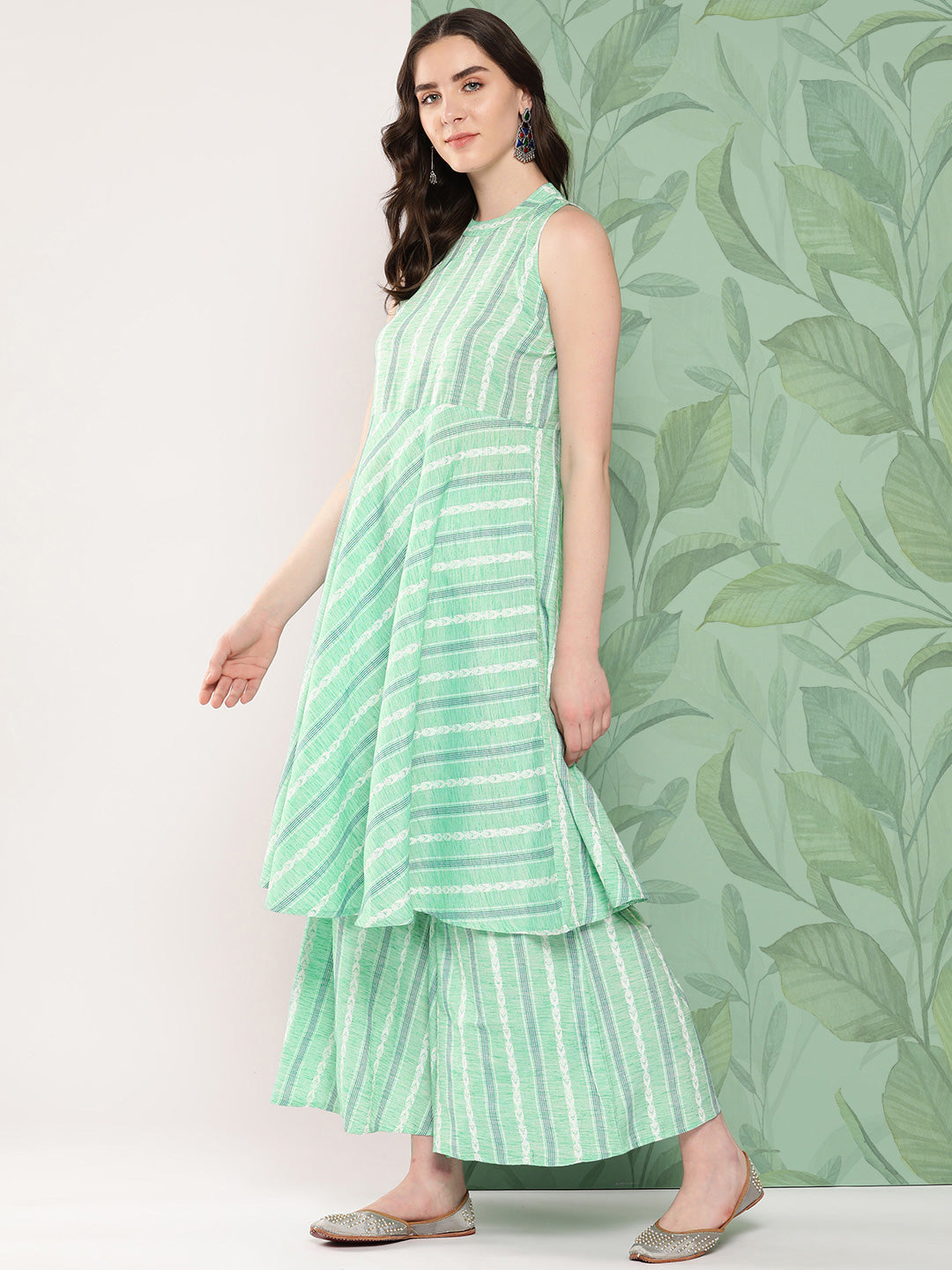 InWeave Women's Teal Kantha Striped Kurta Set - Distacart