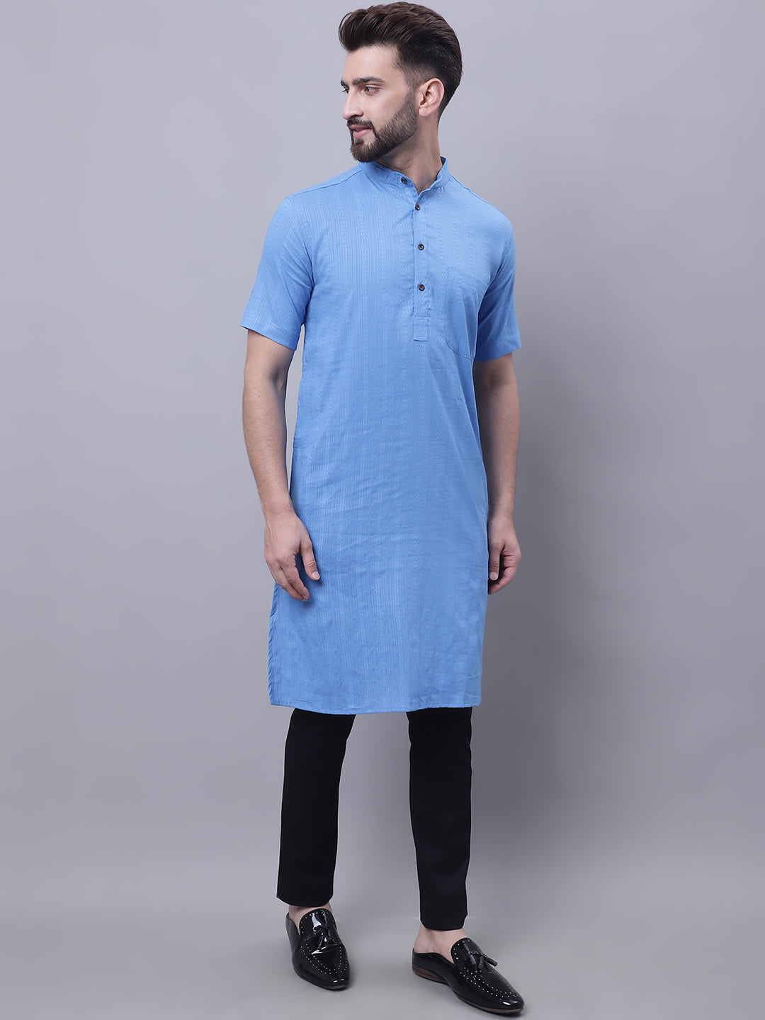 Even Apparels Blue Pure Cotton Short Sleeves Kurta With Band Collar - Distacart