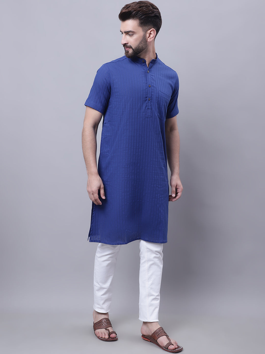 Even Apparels Blue Pure Cotton Short Sleeves Kurta With Band Collar - Distacart