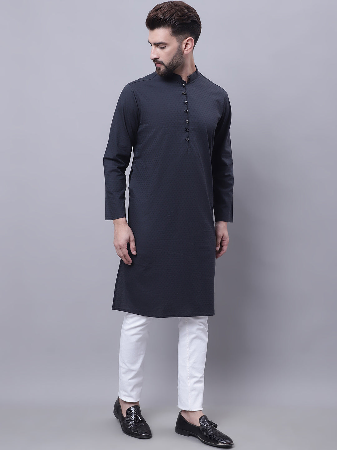 Even Apparels Black Pure Cotton Kurta With Band Collar - Distacart