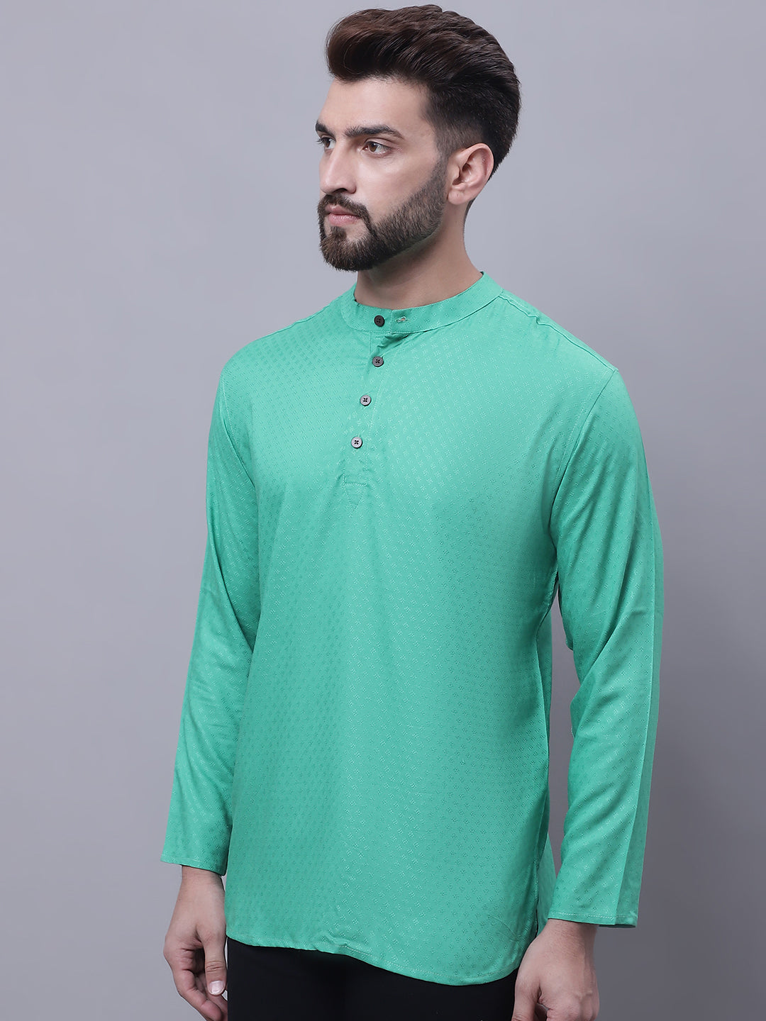 Even Apparels Green Pure Cotton Short Kurta With Band Collar - Distacart