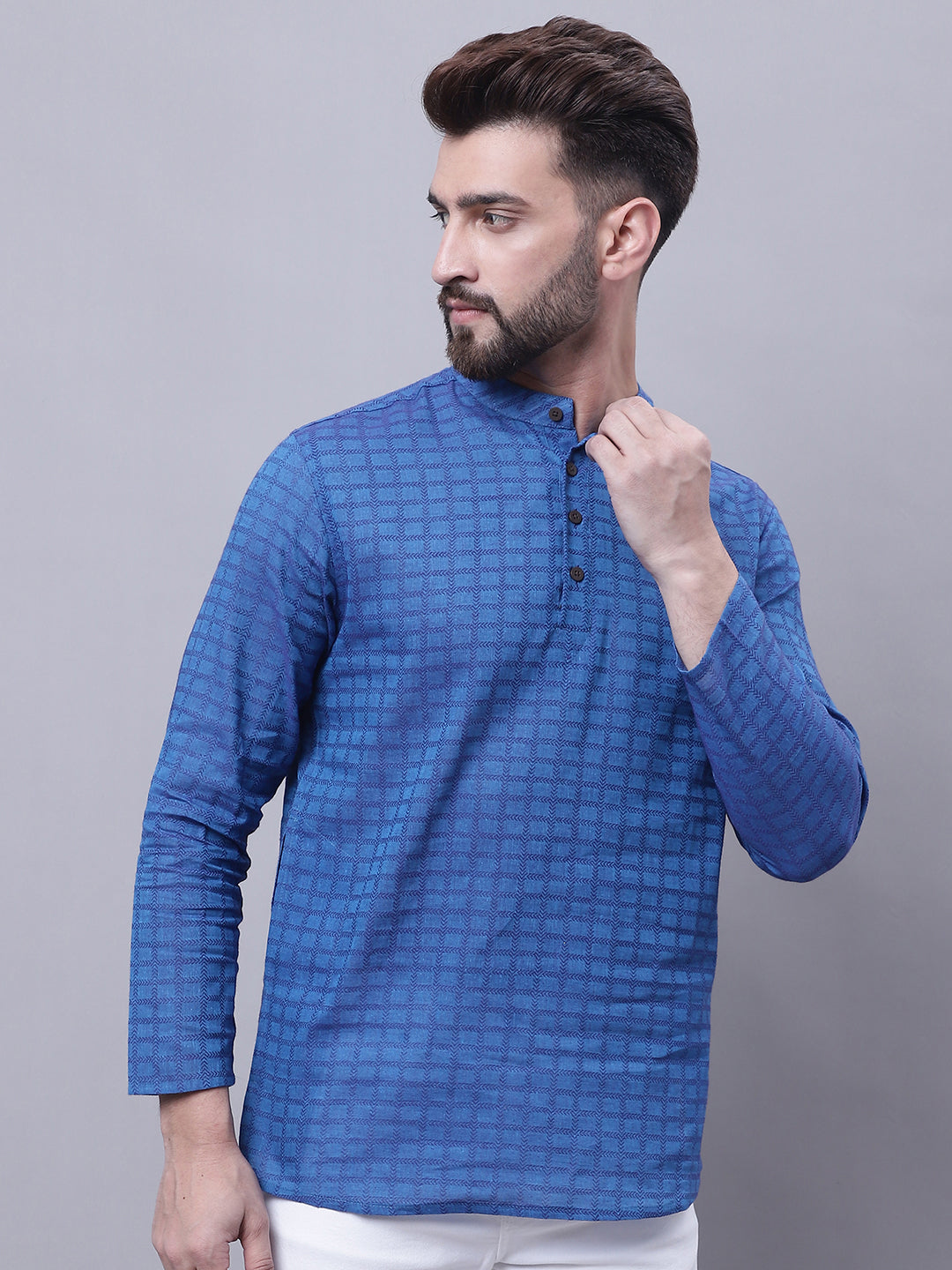 Even Apparels Blue Pure Cotton Short Kurta With Band Collar - Distacart