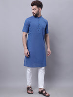 Thumbnail for Even Apparels Blue Pure Cotton Short Sleeves Kurta With Band Collar - Distacart