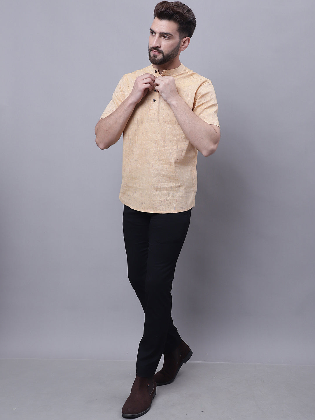 Even Apparels Beige Pure Cotton Short Kurta With Band Collar - Distacart