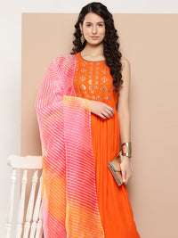 Thumbnail for InWeave Women's Orange Mirror Work Aline Strappy Kurta Set W Pink Yellow Leh Dupatta - Distacart