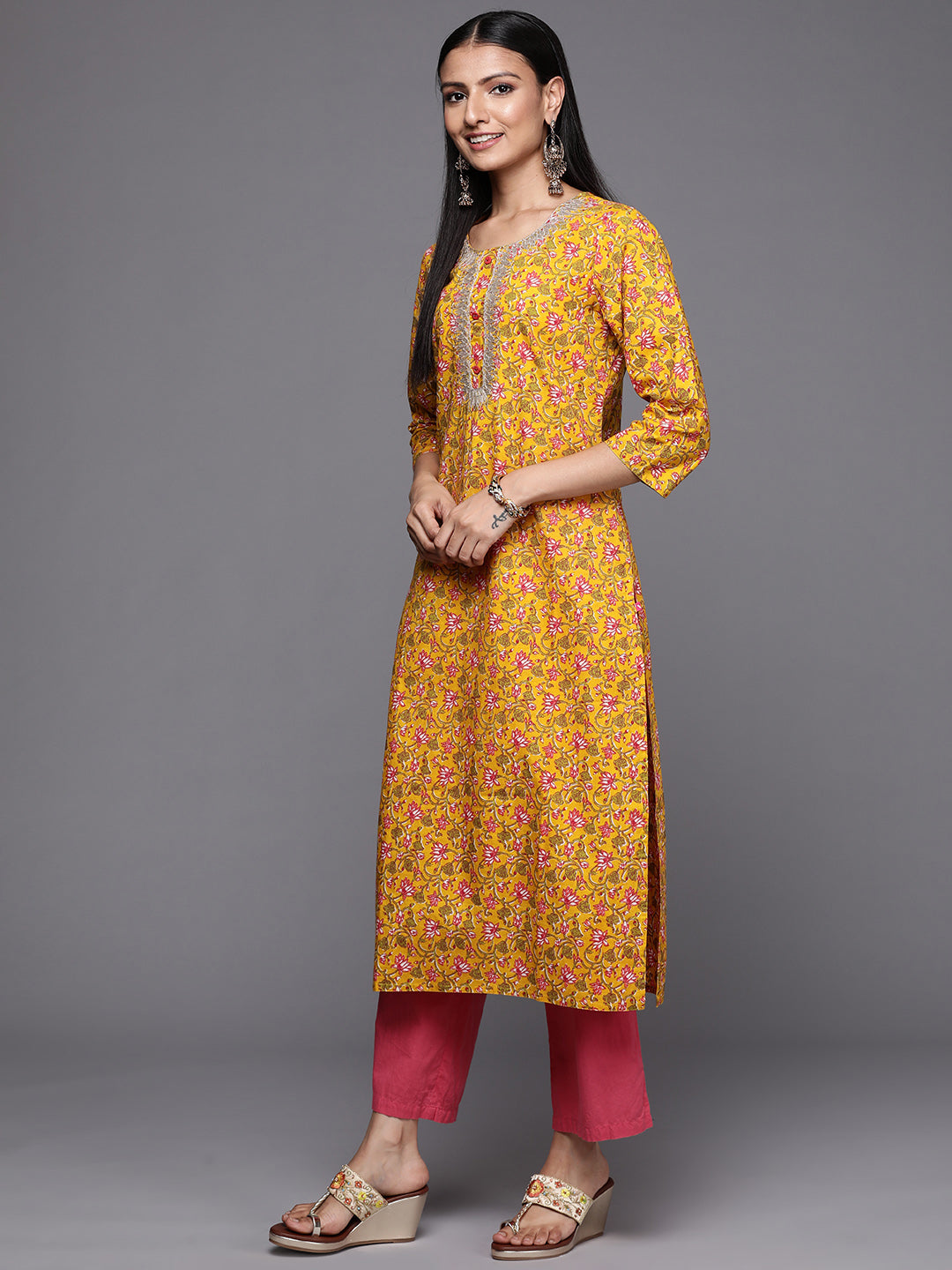 Varanga Mustard Floral Printed Kurta With Embroidered Neckline - Distacart