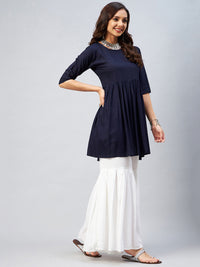 Thumbnail for InWeave Women's Navy Blue Short Anarkali Kurta - Distacart