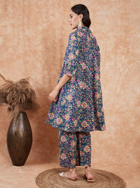 Thumbnail for InWeave Women's Blue Green Pink Floral Print Flared Kurta Pant Set - Distacart