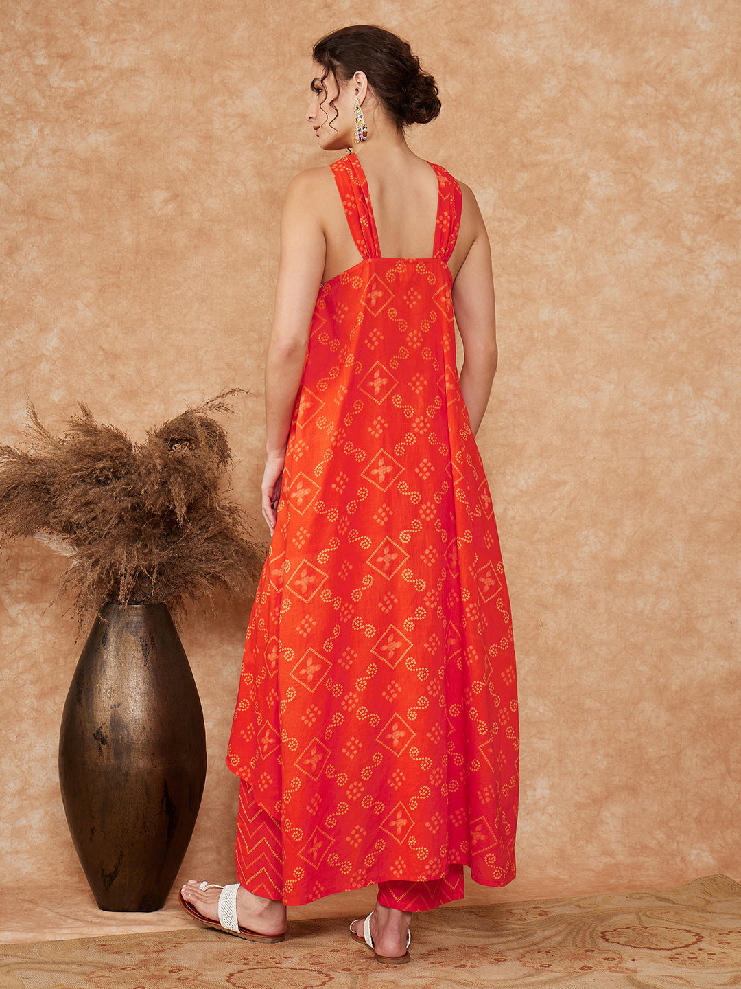 InWeave Women's Orange S Print Twisted Neckline Kurta Pant Set - Distacart