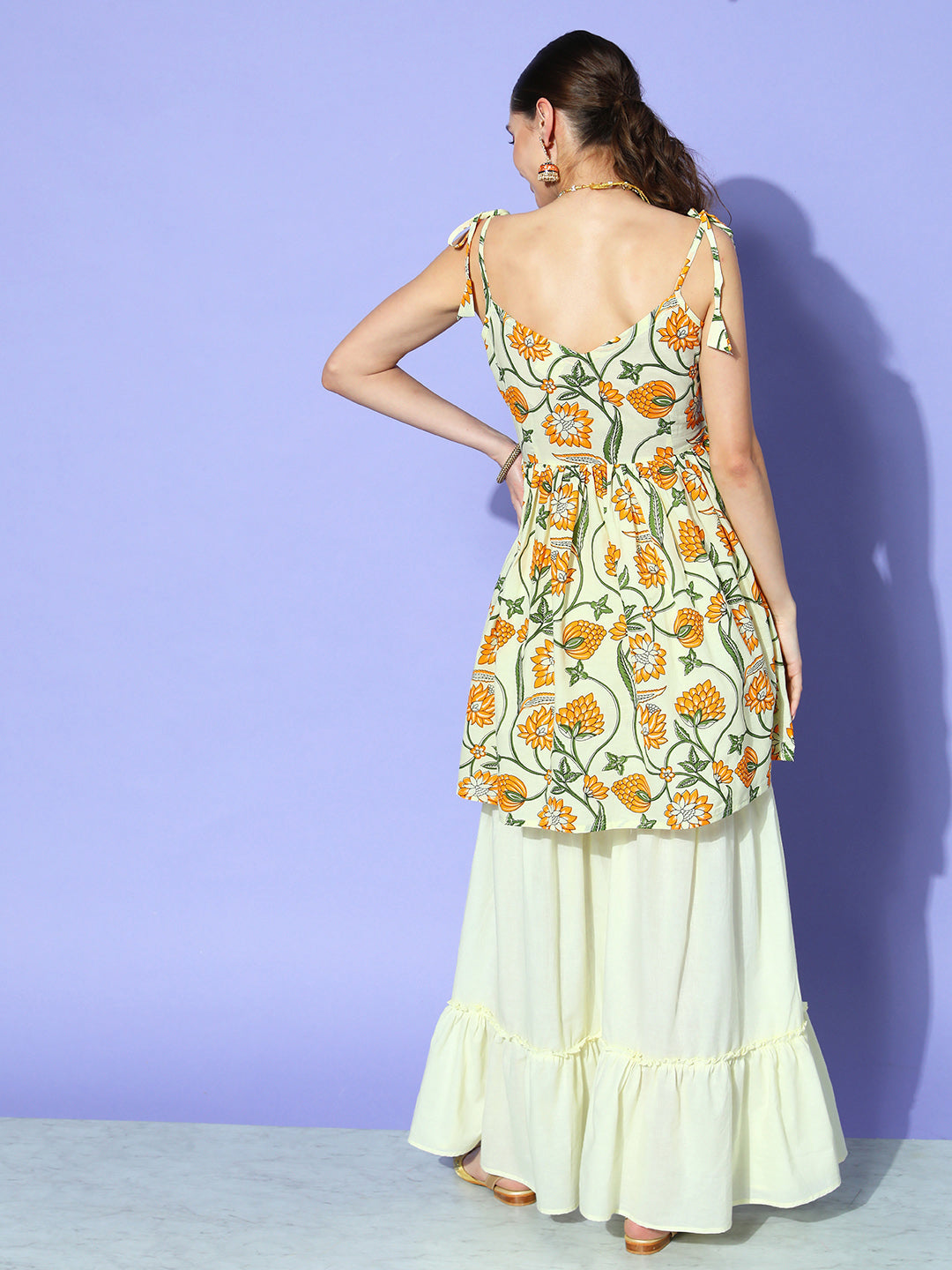 InWeave Women's Off White Yellow Floral Print Tie Up Kurta Sharara Set - Distacart