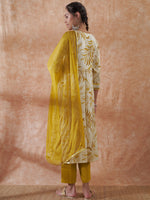 Thumbnail for InWeave Women's White Mustard Lurex Leaf Print Patch Gota Kurta Set W Mustard Dupatta - Distacart