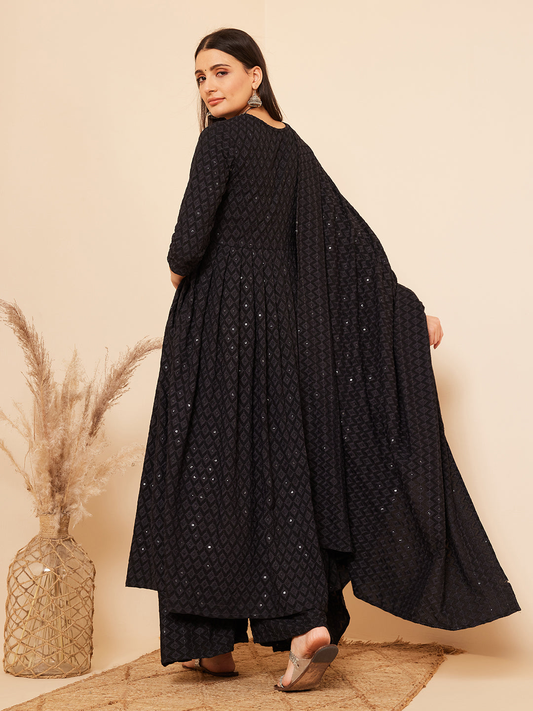 InWeave Women's Black Chikankari Long Anarkali Kurta Sharara Set W Dupatta - Distacart
