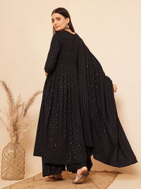 Thumbnail for InWeave Women's Black Chikankari Long Anarkali Kurta Sharara Set W Dupatta - Distacart