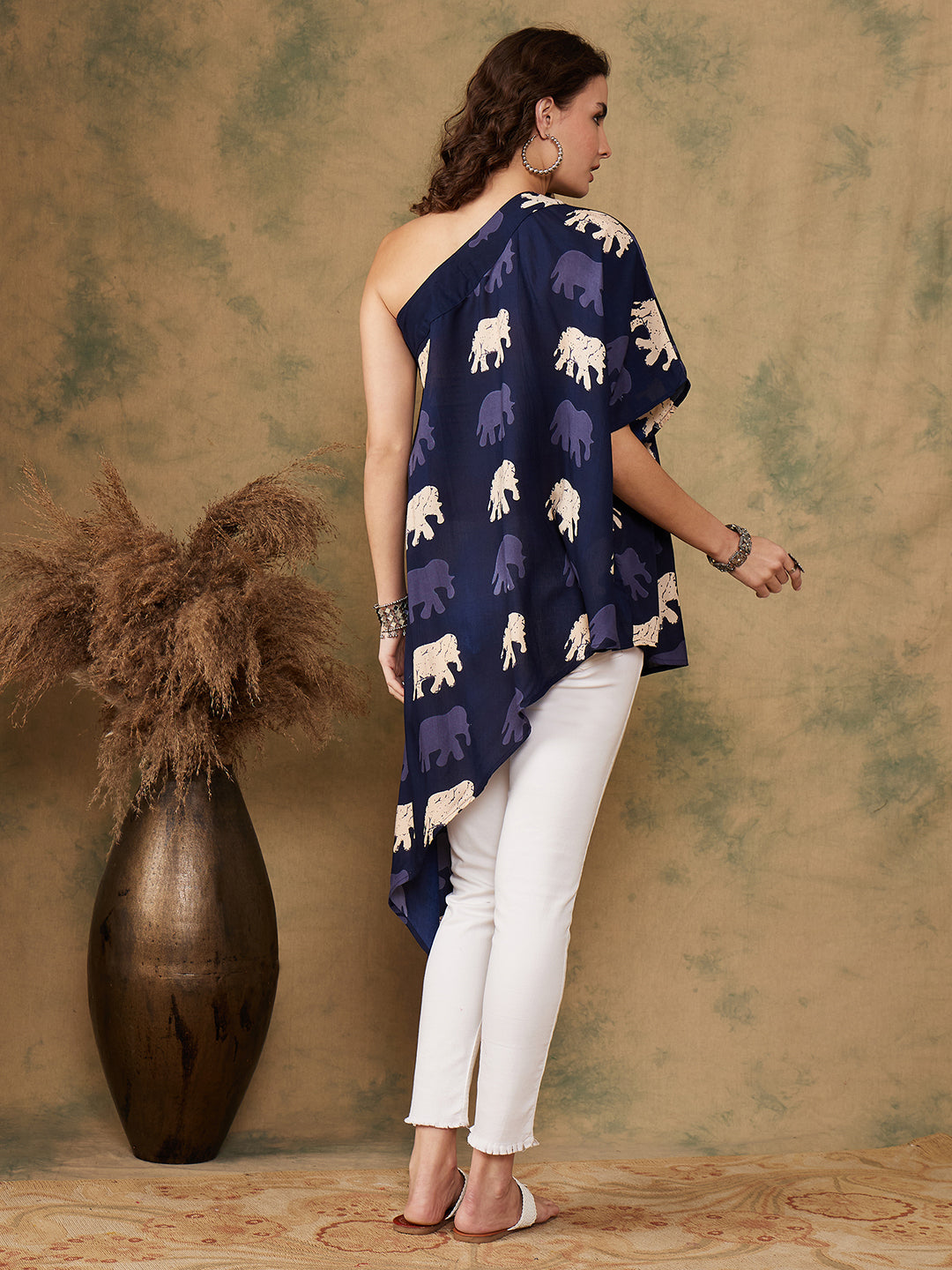 InWeave Women's Blue Elephant Print Oneshoulder Top - Distacart