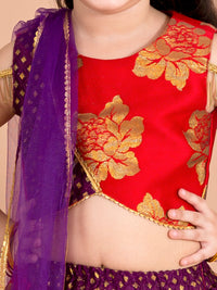 Thumbnail for Girls Red Gold-Toned Ready To Wear Lehenga Blouse With Dupatta - Mini Marvels - Distacart
