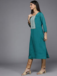 Thumbnail for Varanga Teal Straight Kurta With Embroidered Yoke - Distacart