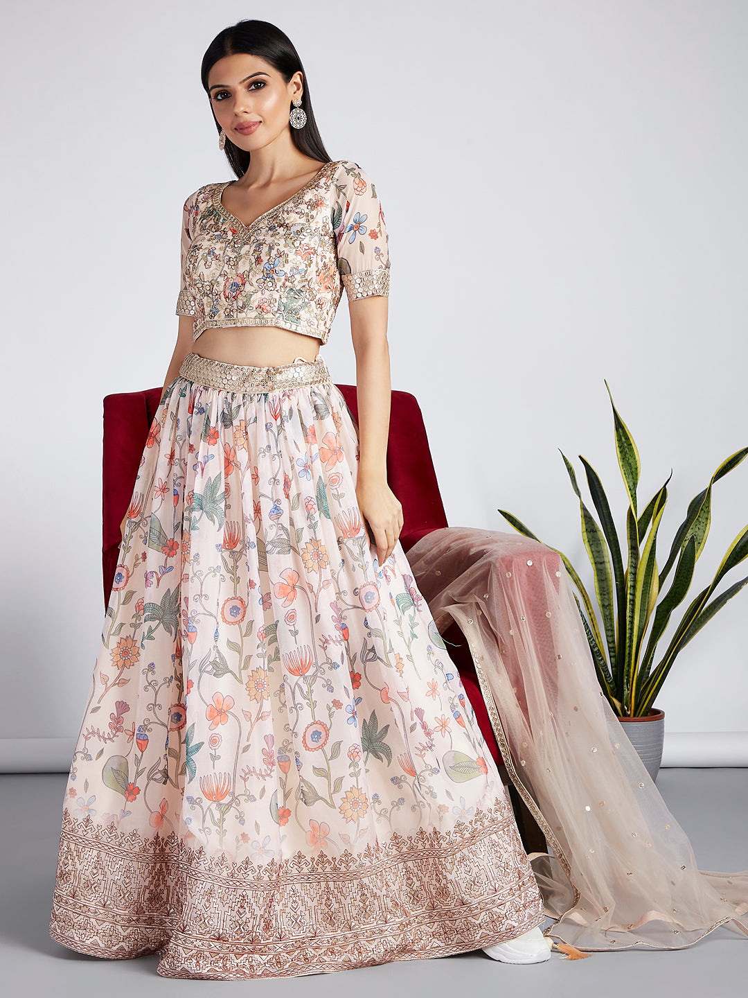 House of Panchhi Cream Colour Organza Floral Design Digital Print Lehenga Choli & Dupatta - Distacart