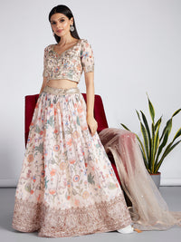 Thumbnail for House of Panchhi Cream Colour Organza Floral Design Digital Print Lehenga Choli & Dupatta - Distacart