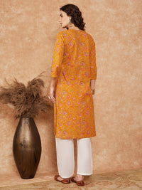 Thumbnail for InWeave Women's Fire Yellow Print V Neck Lace Work Straight Kurta - Distacart