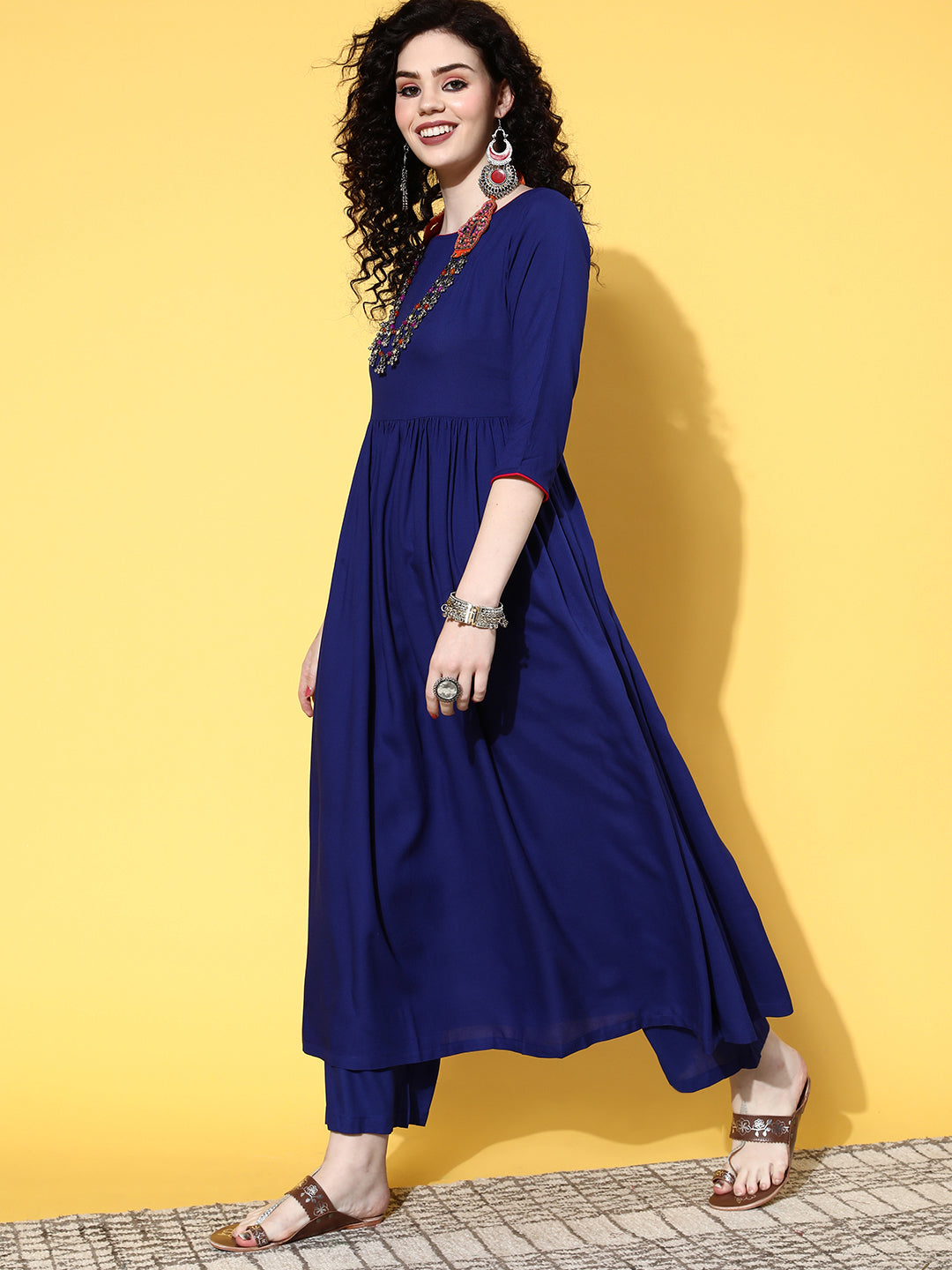 InWeave Women's Ink Blue Long Anarkali Kurta Set With Red Rose Organza Dupatta - Distacart