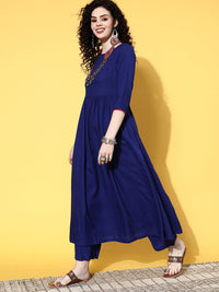 Thumbnail for InWeave Women's Ink Blue Long Anarkali Kurta Set With Red Rose Organza Dupatta - Distacart