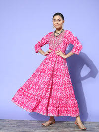 Thumbnail for InWeave Women's Abstract Pink Print Long Dress With Work - Distacart