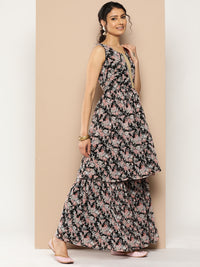Thumbnail for KSUT (House of Varanga) Black Printed Anarkali Kurta Paired With Sharara And Plain Tonal Dupatta - Distacart