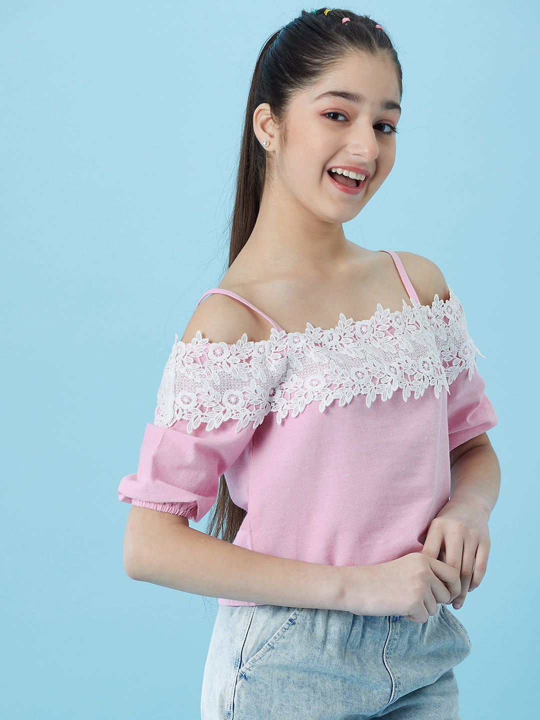 Girls Cold-Shoulder Sleeves Cotton Crop Top - Mini Marvels - Distacart