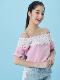 Thumbnail for Girls Cold-Shoulder Sleeves Cotton Crop Top - Mini Marvels - Distacart