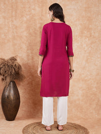 Thumbnail for InWeave Women's Wine Printed Neck Patch Work Straight Kurta - Distacart