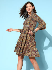 Thumbnail for InWeave Women's Brown Kalamkari Print Short Dress - Distacart
