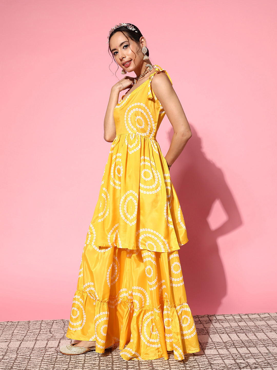 InWeave Women's Yellow Bandhani Motif Shoulder Tie Up Kurta Set - Distacart