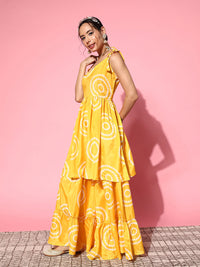 Thumbnail for InWeave Women's Yellow Bandhani Motif Shoulder Tie Up Kurta Set - Distacart