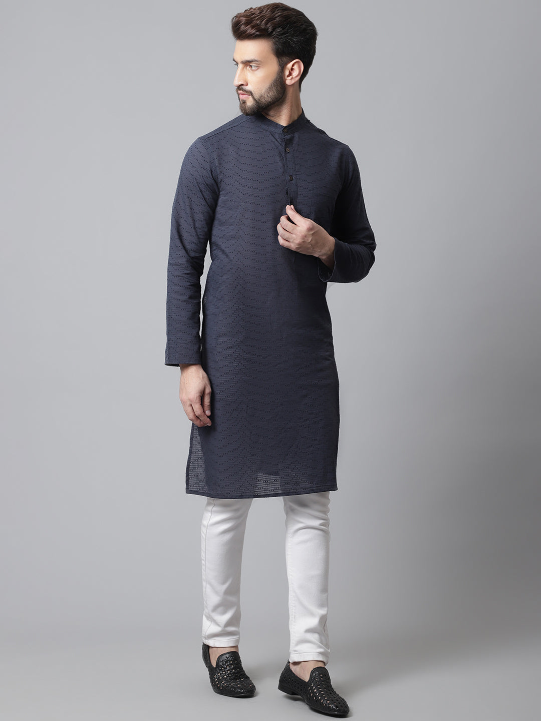Even Apparels Blue Pure Cotton Kurta With Band Collar - Distacart