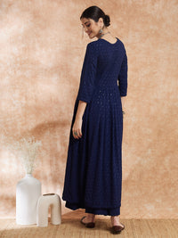 Thumbnail for InWeave Women's Royal Blue Chikankari Long Anarkali Kurta Sharara Set - Distacart