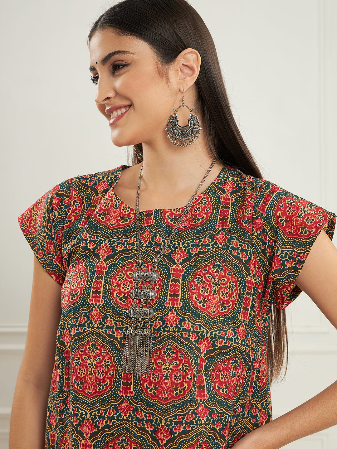 InWeave Women's Green Red Mughal Kalamkari A Line Dress - Distacart