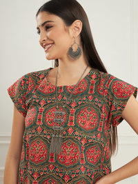 Thumbnail for InWeave Women's Green Red Mughal Kalamkari A Line Dress - Distacart