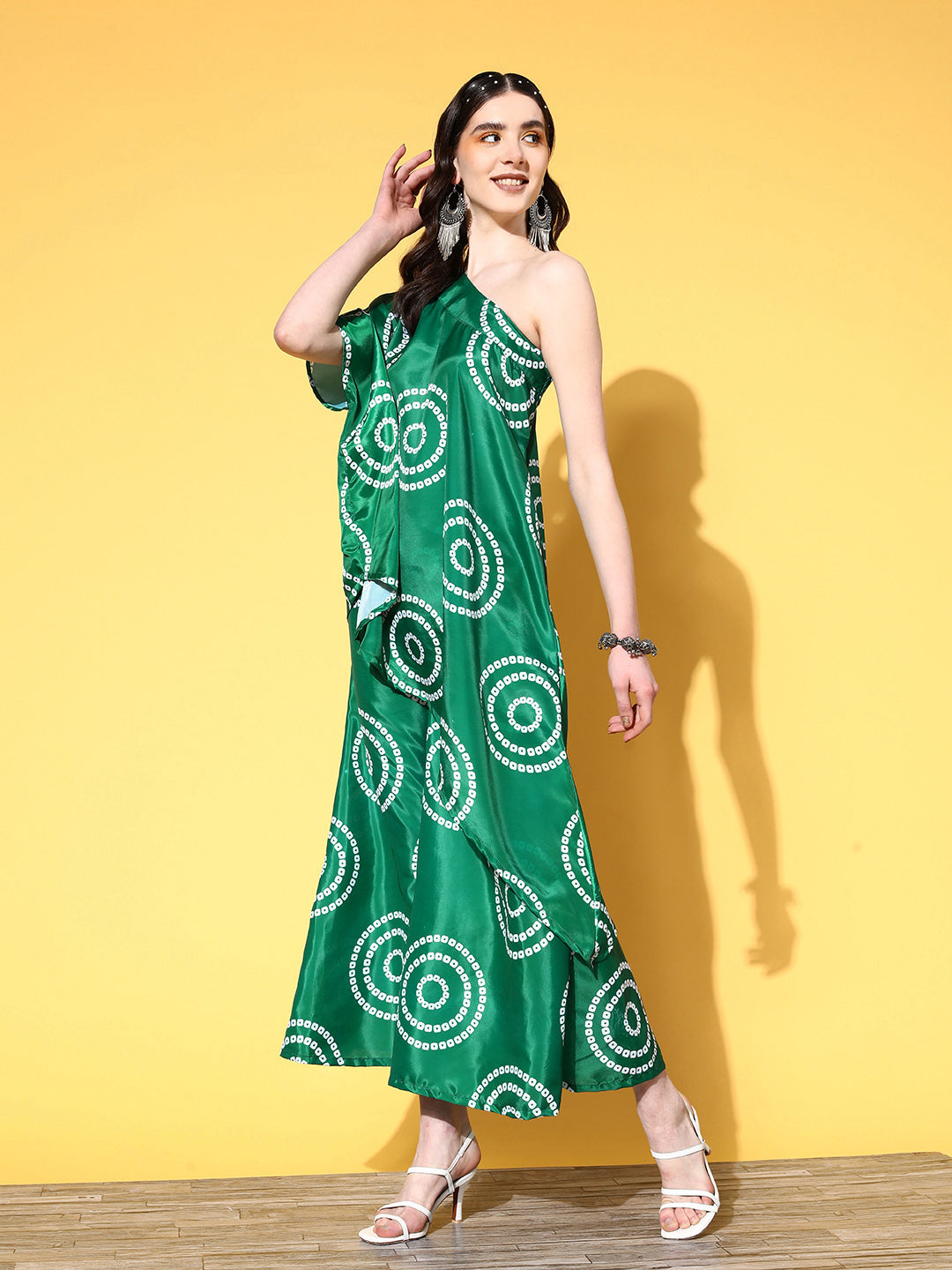 InWeave Women's Green Bandhani Motif One Shoulder Palazzo Set - Distacart