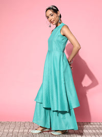 Thumbnail for InWeave Women's Teal Lurex Boho Sleevless Kurta Set - Distacart