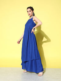 Thumbnail for InWeave Women's Ink Blue Strappy Kurta Set With Pink Organza Cape - Distacart