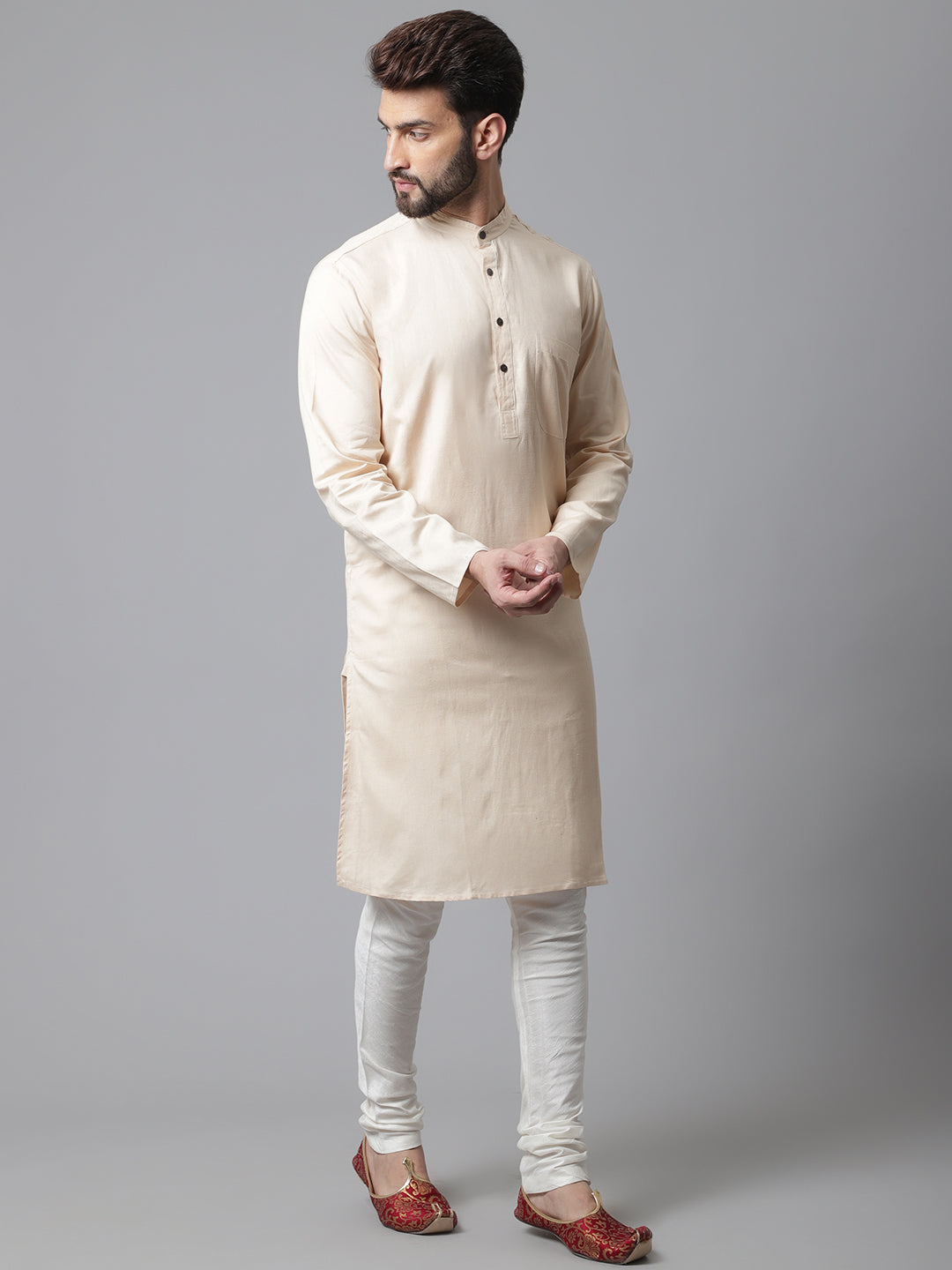 Even Apparels Cream Pure Cotton Kurta With Band Collar - Distacart