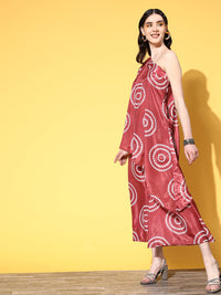 Thumbnail for InWeave Women's Maroon Bandhani Motif One Shoulder Palazzo Set - Distacart