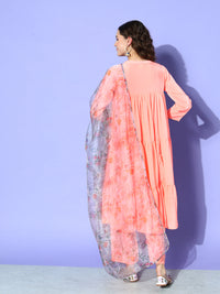 Thumbnail for InWeave Women's Peach Flared Kurta Set With Off White Folral Organza Dupatta - Distacart