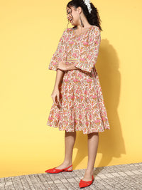 Thumbnail for InWeave Women's Pink Boota Print Belted Dress - Distacart